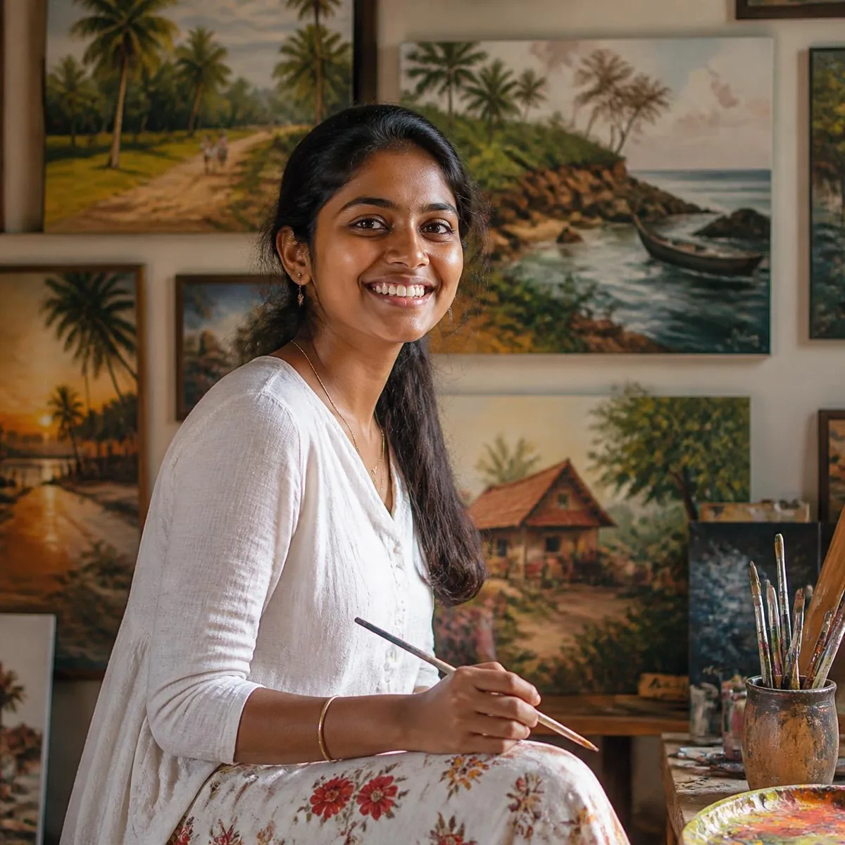 A painter in front of her paintings