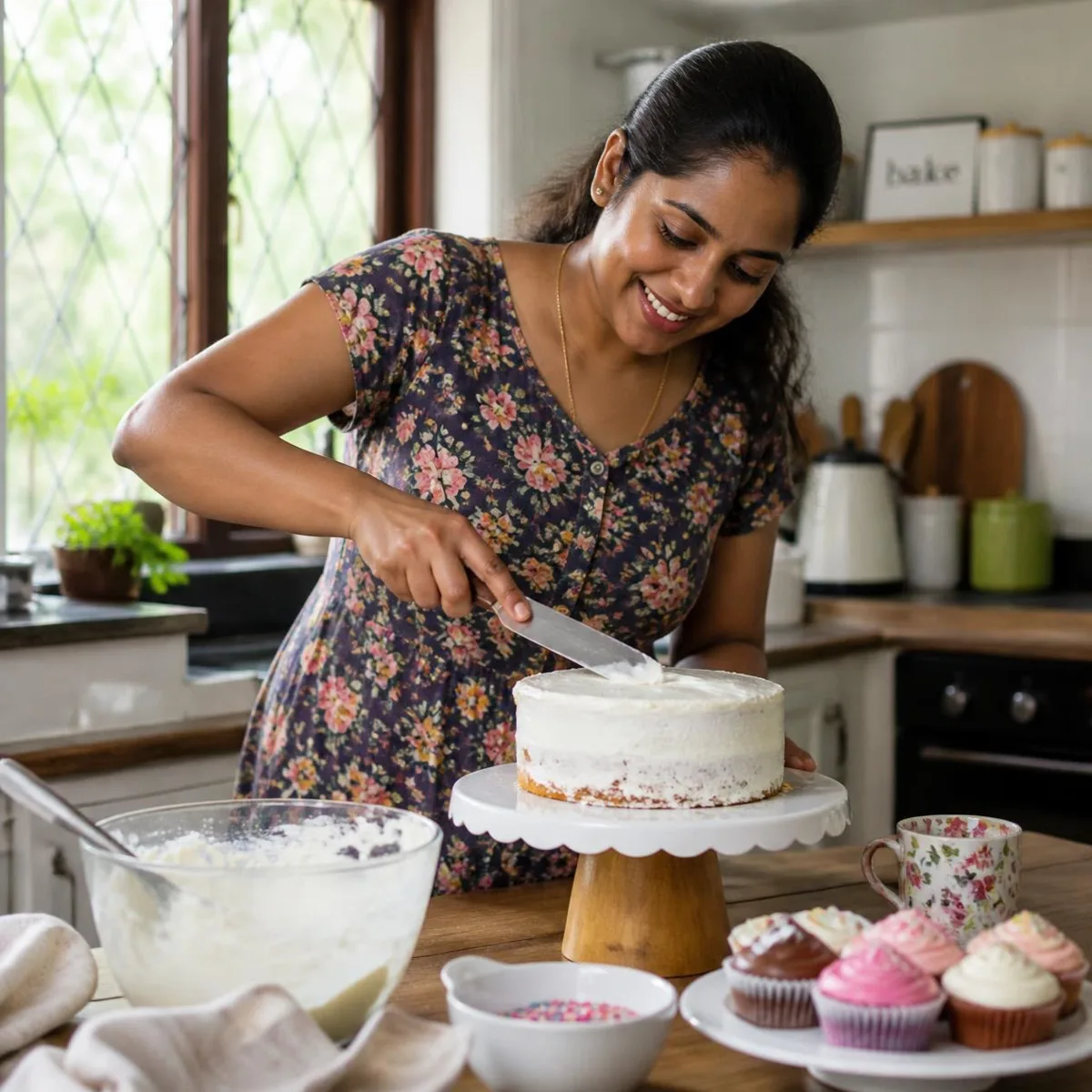 A home baker icing a cake in her kitchen