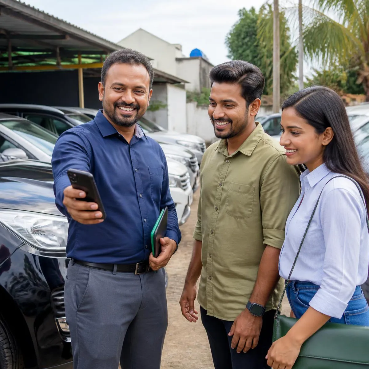 A car dealer showing a couple photos of a car on his phone