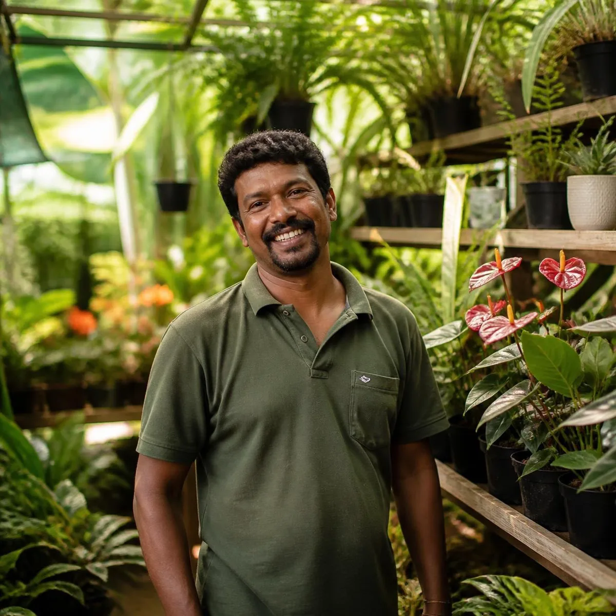 A plant seller smiling among his plants