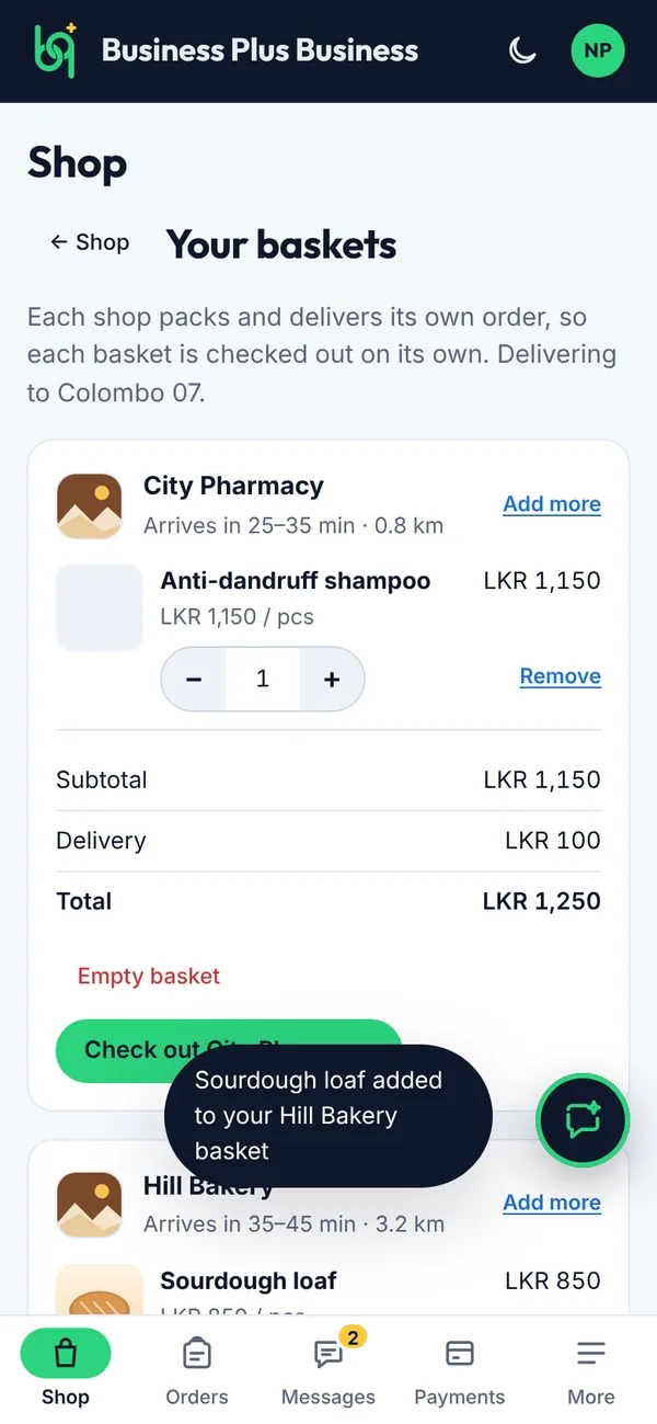 Your baskets, one for each shop on a phone