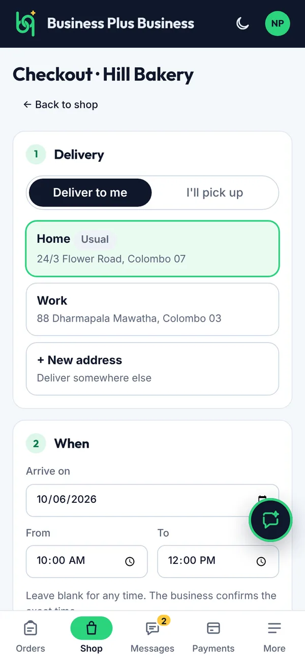 Checkout: delivery, time and note on a phone