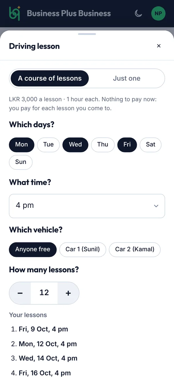 Booking a course of lessons on a phone