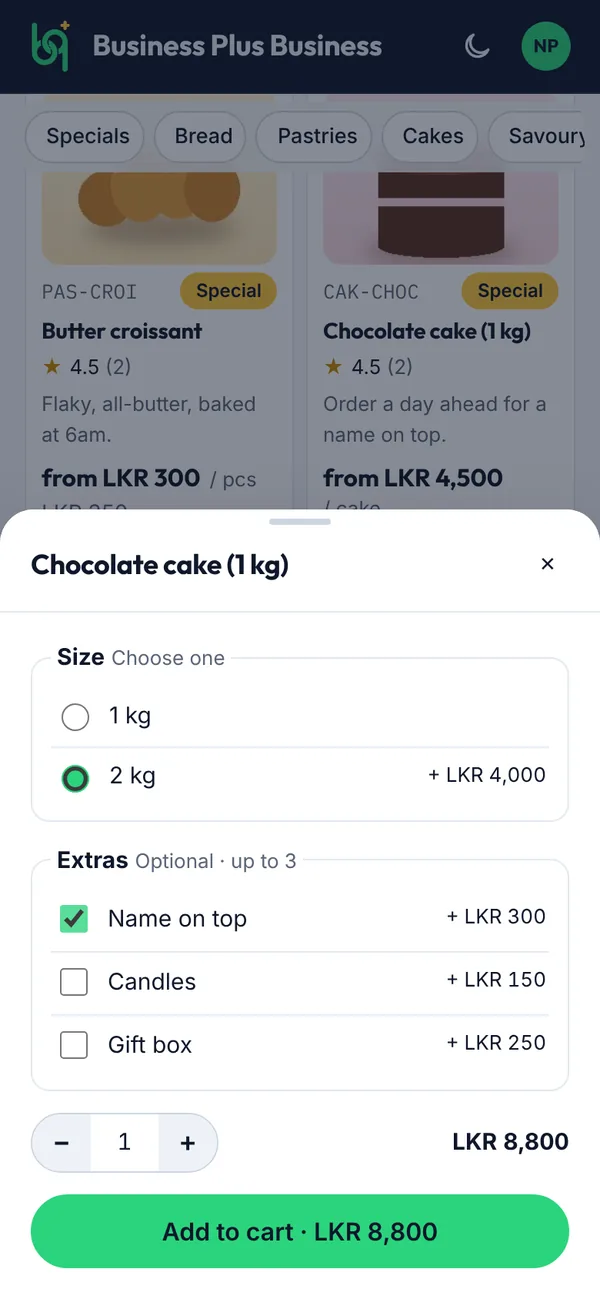 Choosing a size and extras on a phone