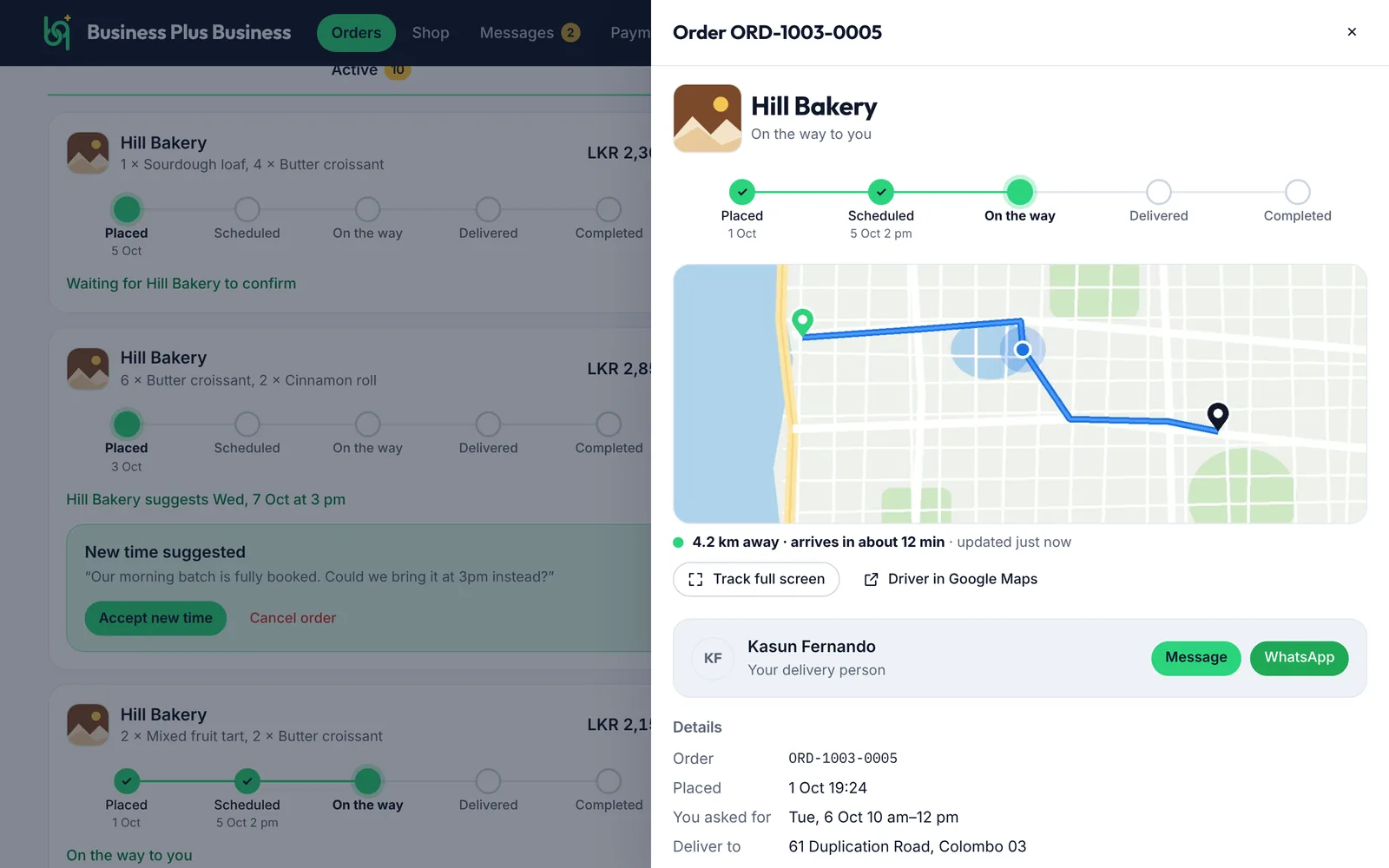 Live tracking and order details on a computer