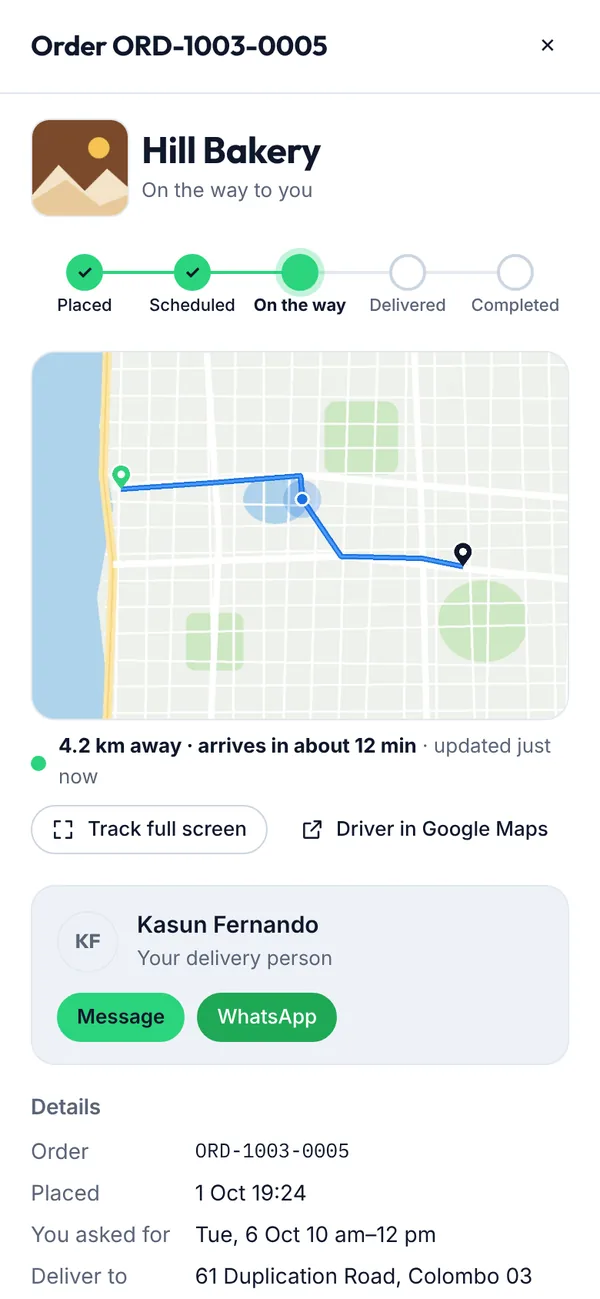 Live tracking and order details on a phone