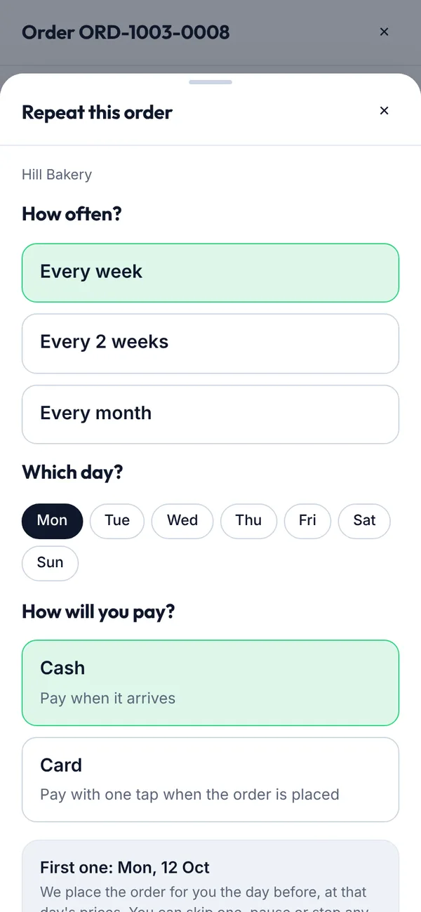 Repeating an order on a phone