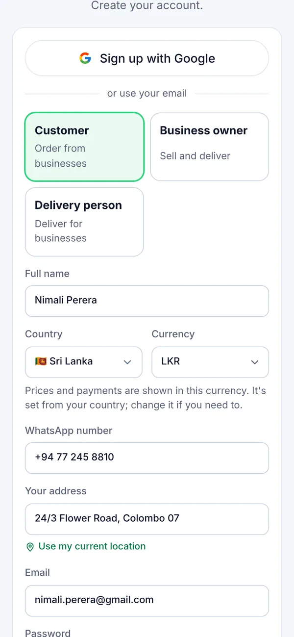 Create your account: role, name, country and phone on a phone
