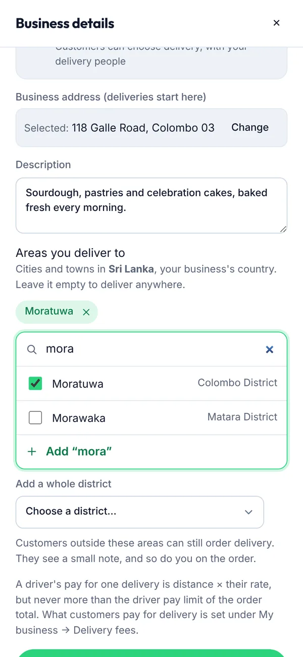 Choosing the places you deliver to on a phone