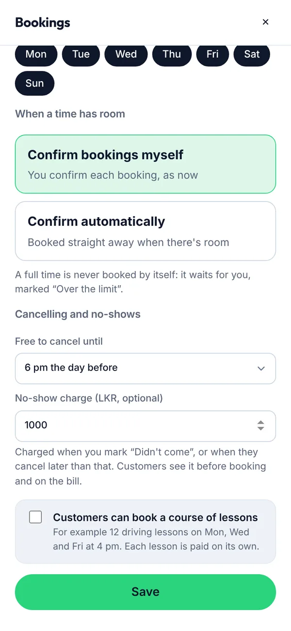 Cancelling, no-shows and courses on a phone