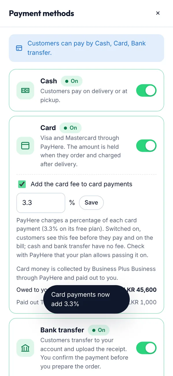 Passing on the card fee on a phone