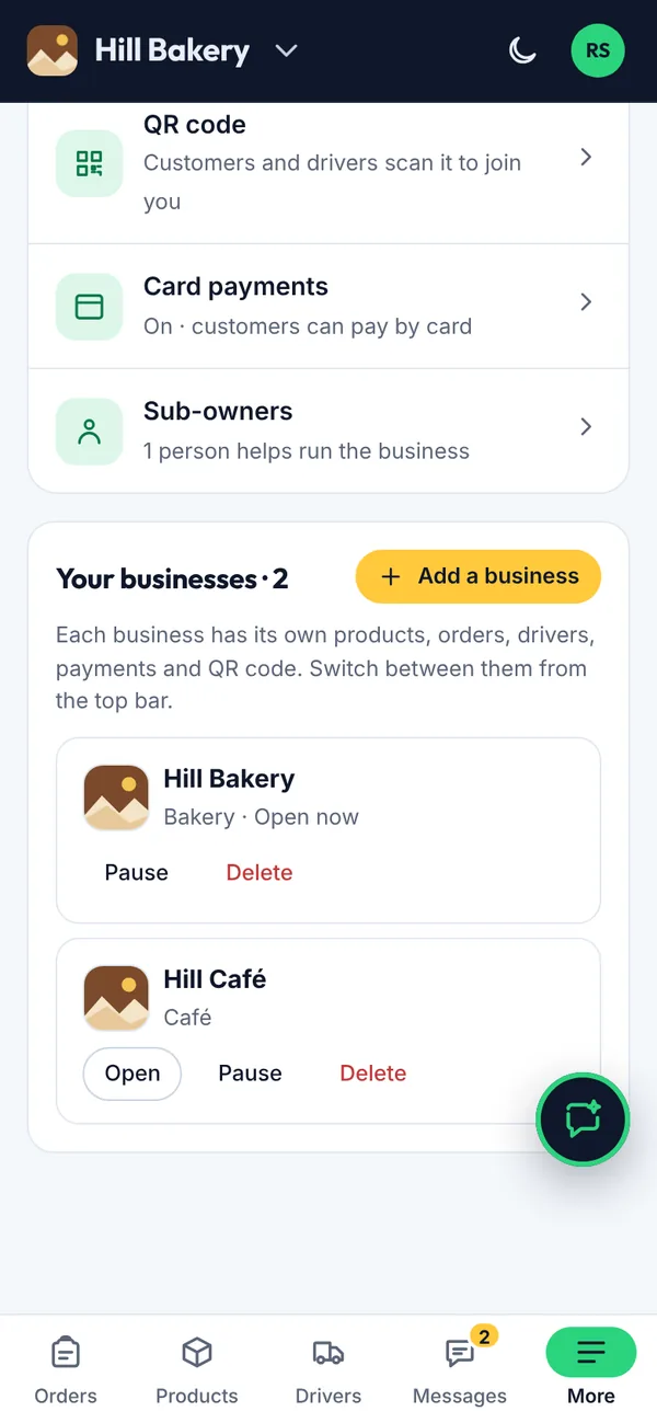 Pausing or deleting a business on a phone