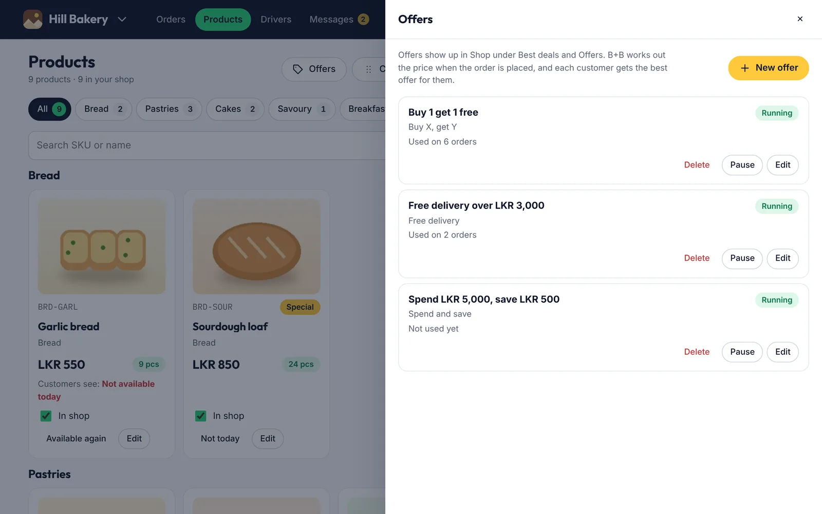 Your offers, with how many orders used each on a computer