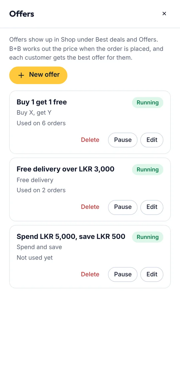 Your offers, with how many orders used each on a phone
