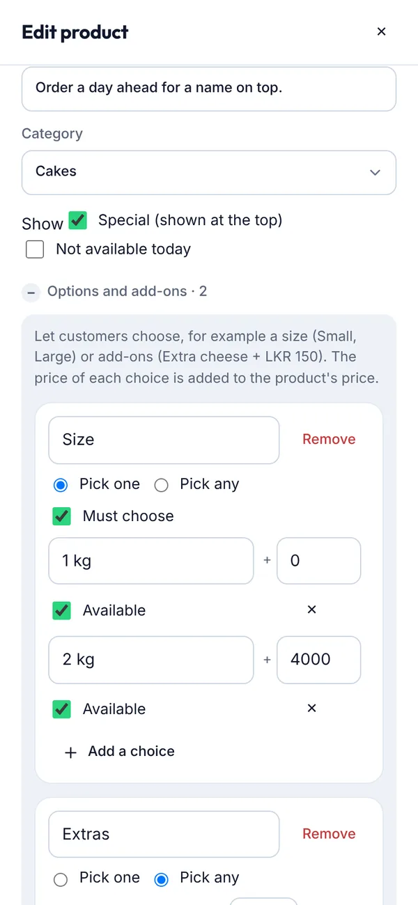 A product's category, special tick and options on a phone