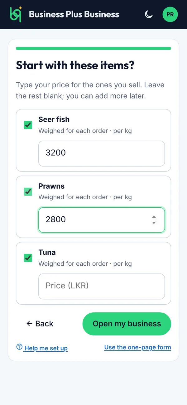 Starter items with your prices on a phone